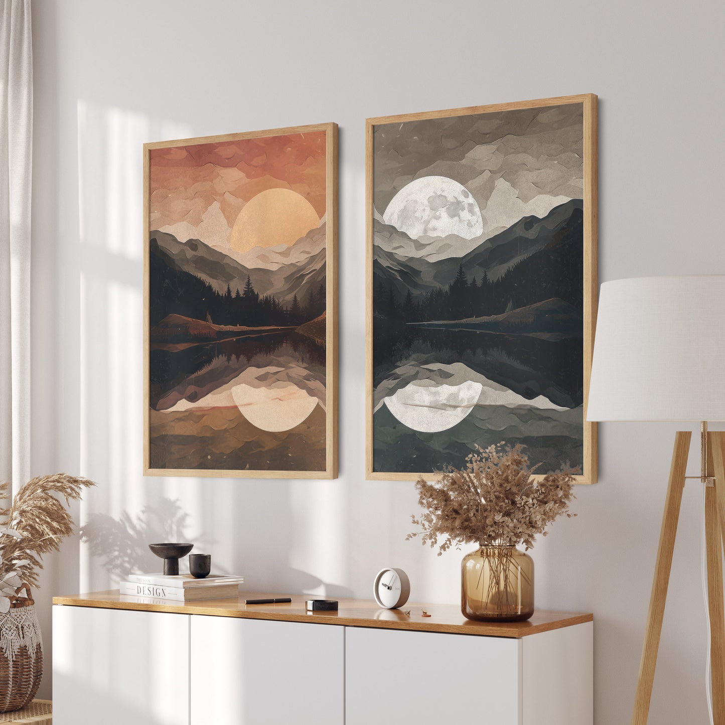 Sunset Wall Art, Night and Day Prints, Set of 2, Sun & Moon Art, Mountain Lake Landscape, Set of 2, Moonrise Painting, DIGITAL Printable Art