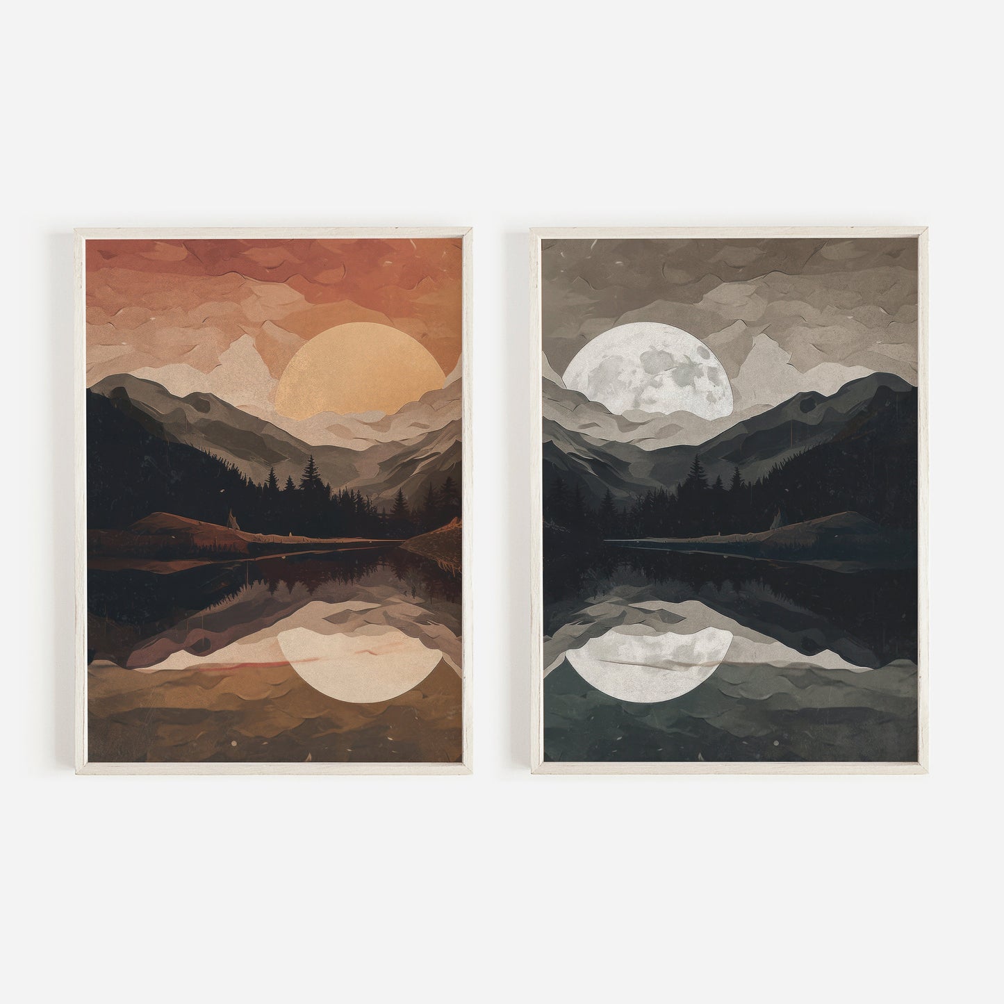 Sunset Wall Art, Night and Day Prints, Set of 2, Sun & Moon Art, Mountain Lake Landscape, Set of 2, Moonrise Painting, DIGITAL Printable Art