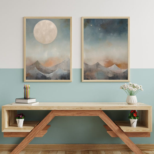 Boho Landscape Wall Decor, Full Moon Mountain Wall Art, Bohemian Art Print, Mountain Landscape, DIGITAL Art, Set of 2, Abstract Nature Art