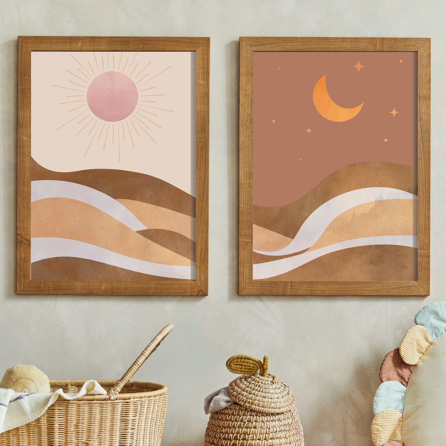 Boho Landscape Art, DIGITAL Sun and Moon Decor, Set of 2 ,Mountain Landscape Print, Muted Earthy Colored Celestial Printable Art