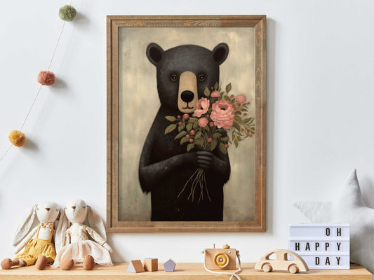 Vintage Black Bear Nursery Wall Art - Animal with Flowers Wall Art, Unique Nursery Decor, Digital Printable Art for Your Kids Room