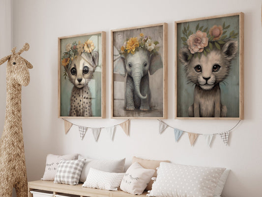 Safari Animal Nursery DIGITAL Wall Art, Animals with Flower Crowns, Lion, Elephant, and Cheetah, Cute Unique Vintage Kids Room Art, Set of 3