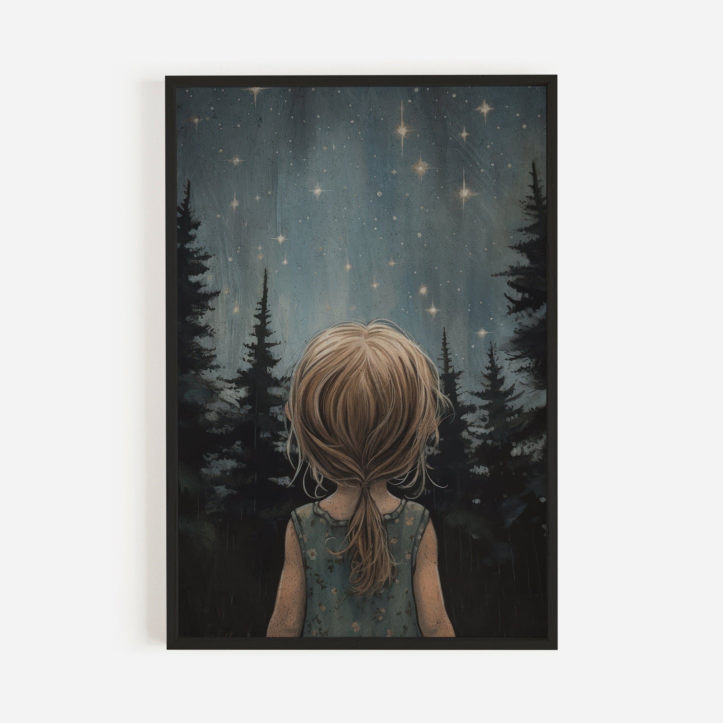 Stars & Moon Nursery Decor, Girls Room Wall Art, Moody Art for Kids, Forest Nursery Wall Decor, Stargazing Print, PRINTABLE Girl Wall Art