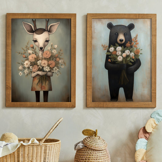 Unique Forest Animal Wall Art for Nursery or Kids Room, Vintage Bear & Deer Floral Decor, Nursery Wall Art, Digital Printable, Set of 2