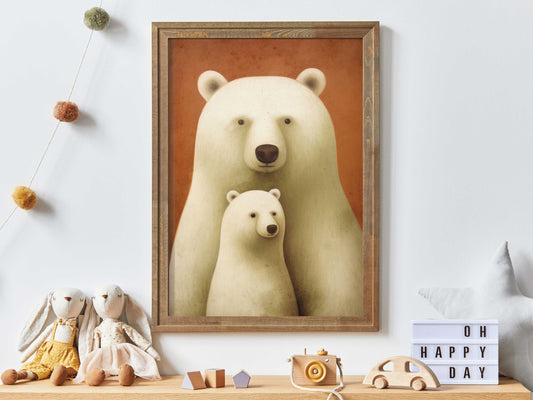 Vintage Nursery Animal Wall Art, Unique Baby Animal Decor, Gender Neutral Kids Room Art, Polar Bears: Papa and Cub, Digital Printable Art