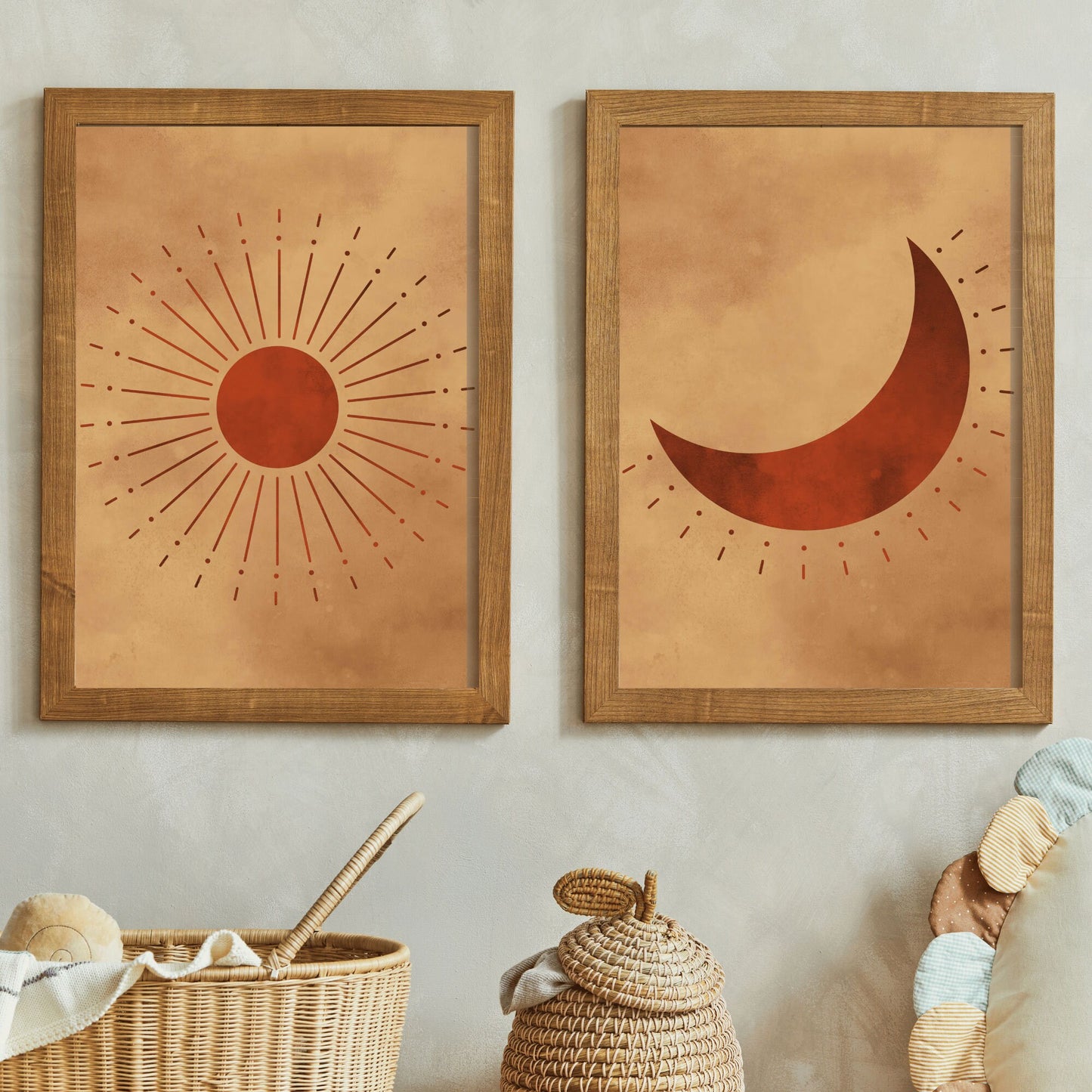 Boho Wall Art - Sun and Moon Decor, Night and Day Dual Print, Bohemian Landscape, Digital Printable Art, Set of Two