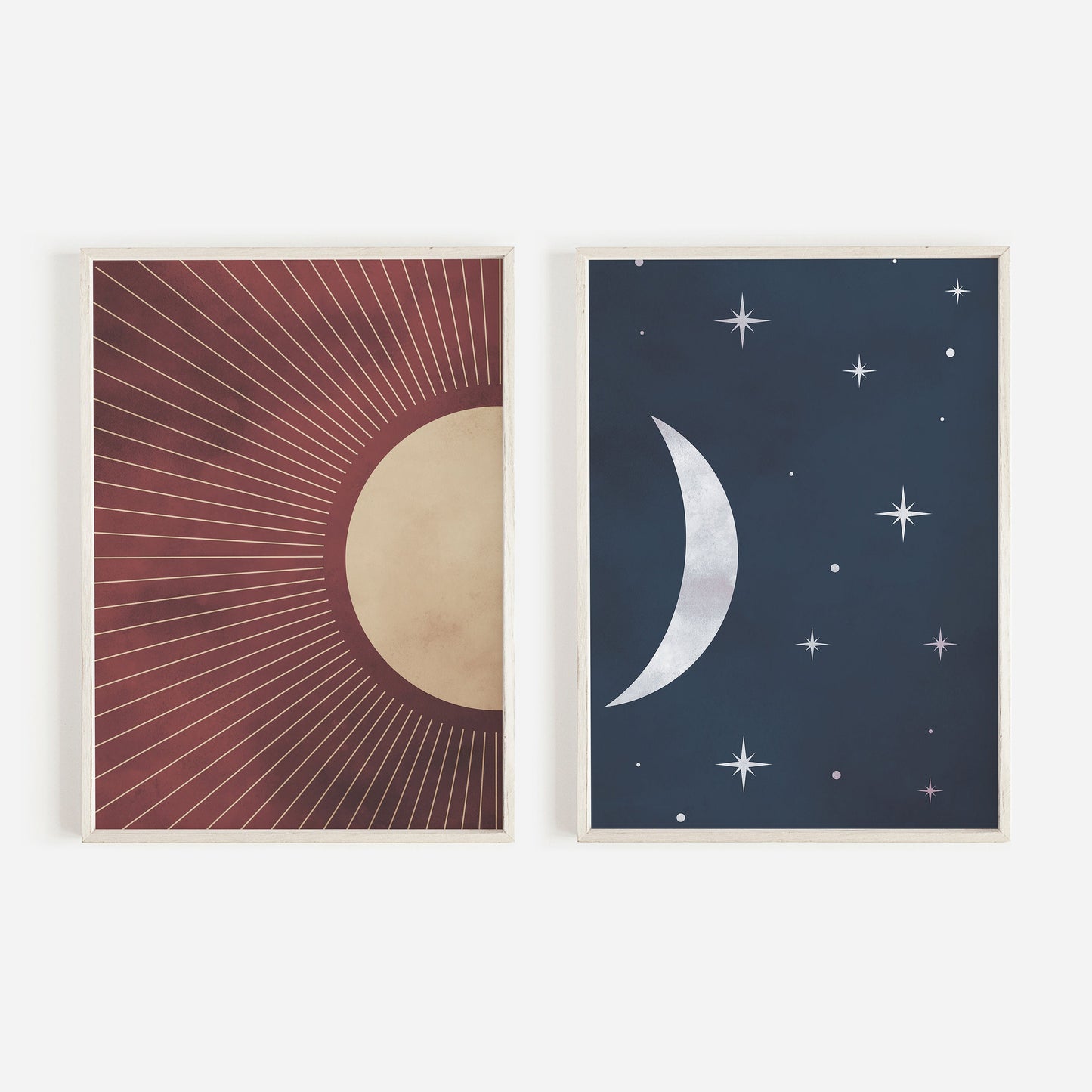 Celestial Dreams - Boho Wall Art, Sun and Moon Decor, Night and Day Dual Print, Bohemian Landscape, Sunbeams & Stars, Digital Art, Set of 2