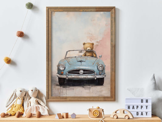 Boys Car Decor, Cool Nursery Room or Boys Bedroom Animal Decor, DIGITAL Vintage Nursery Wall Art for Boy, Bear Driving Sports Car