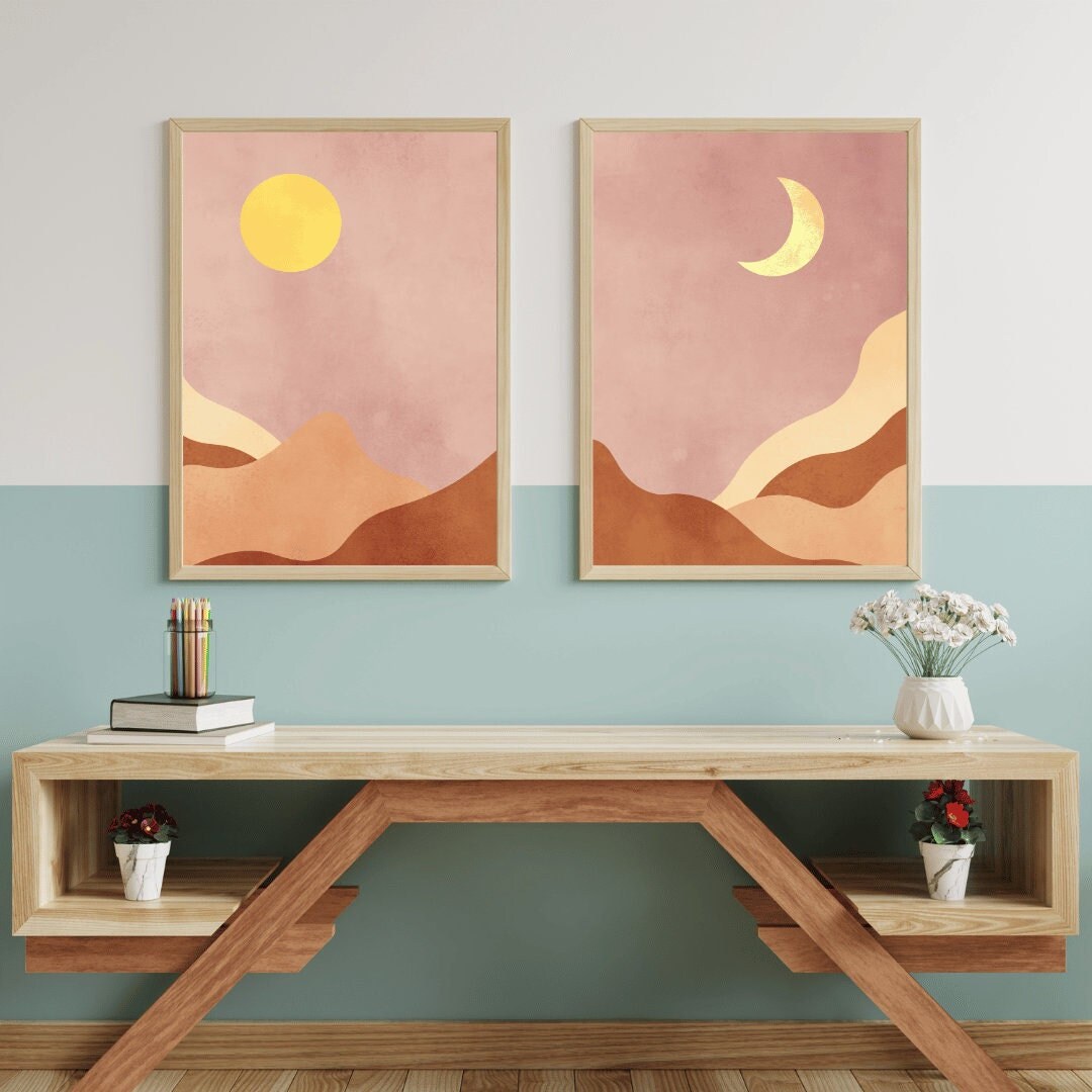 Boho Mountain Wall Art - Night and Day Dual Print, Bohemian Landscape Digital Printable Art, Set of Two