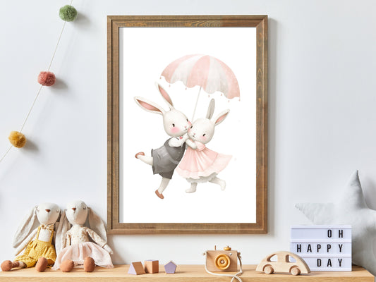 Bunny Nursery Wall Decor, Cute Vintage Kids Room Art, Rabbit Nursery Prints for Girl's Room, Bunnies with Umbrella, Digital Printable Art