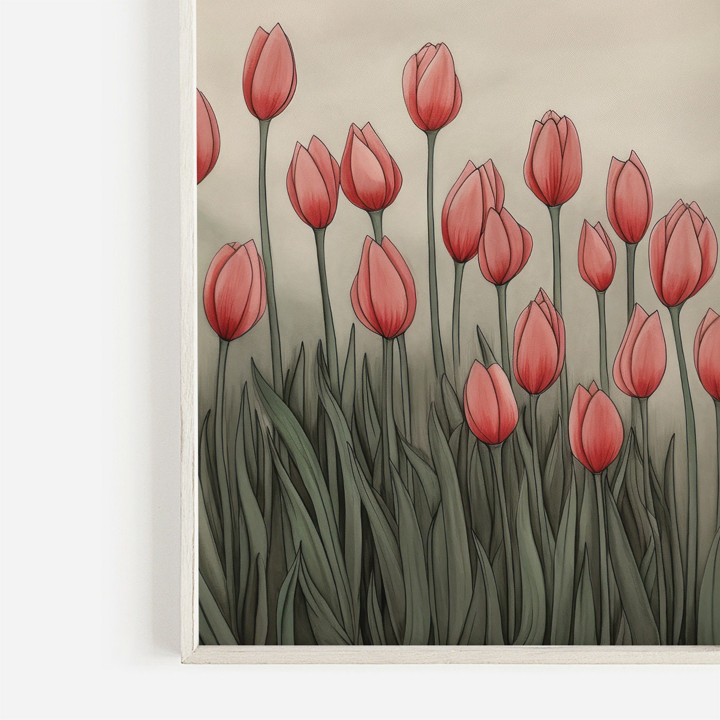 Vintage Floral Print, Tulip Printable Wall Art, Field of Red Tulip Flowers, Flower Meadow Artwork, Digital Printable Flower Decor