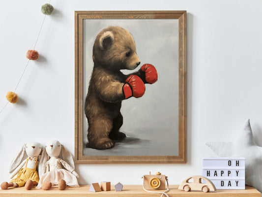 Cool Boys Room Wall Art, Bear Cub Boxer, Vintage Kids Room Decor, Unique Boys Bedroom, Nursery or Playroom Print, Digital Toddler Decor