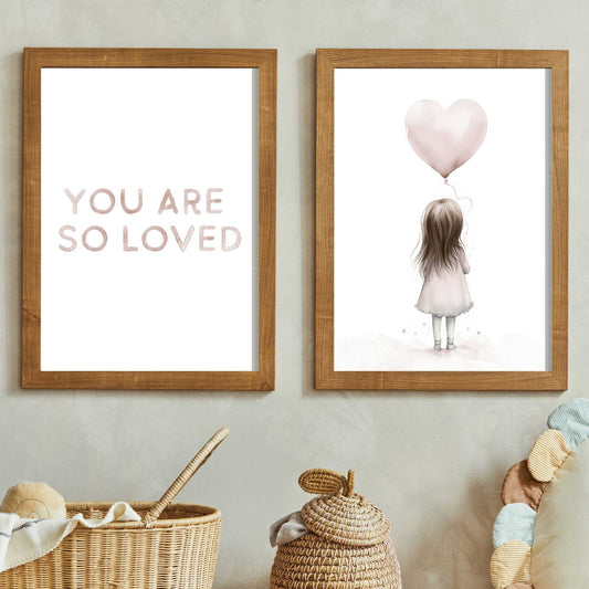 You Are So Loved Print - Nursery Quote Wall Art, Set of Two, Girl's Room Decor, Vintage Watercolor Art