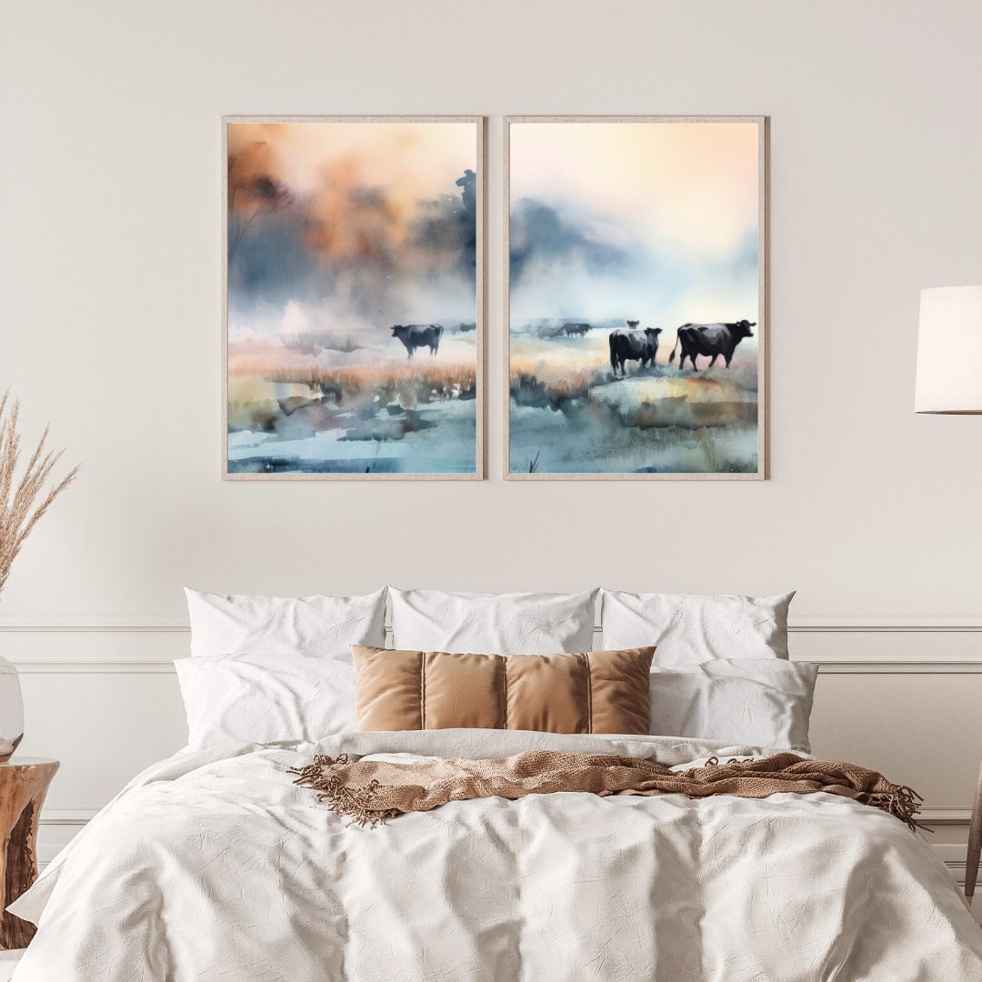 Cows Grazing at Sunset - Misty Landscape Watercolor Art, Set of Two, Digital Printable, Exquisite Countryside Charm and Farm Animal Wall Art