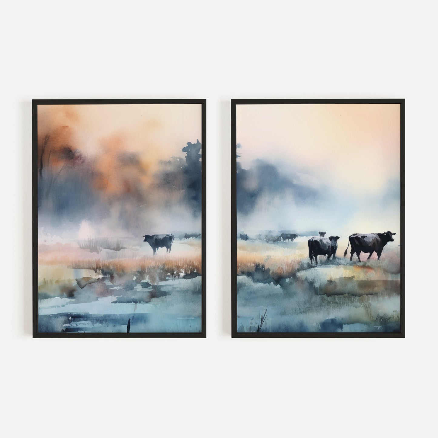 Cows Grazing at Sunset - Misty Landscape Watercolor Art, Set of Two, Digital Printable, Exquisite Countryside Charm and Farm Animal Wall Art