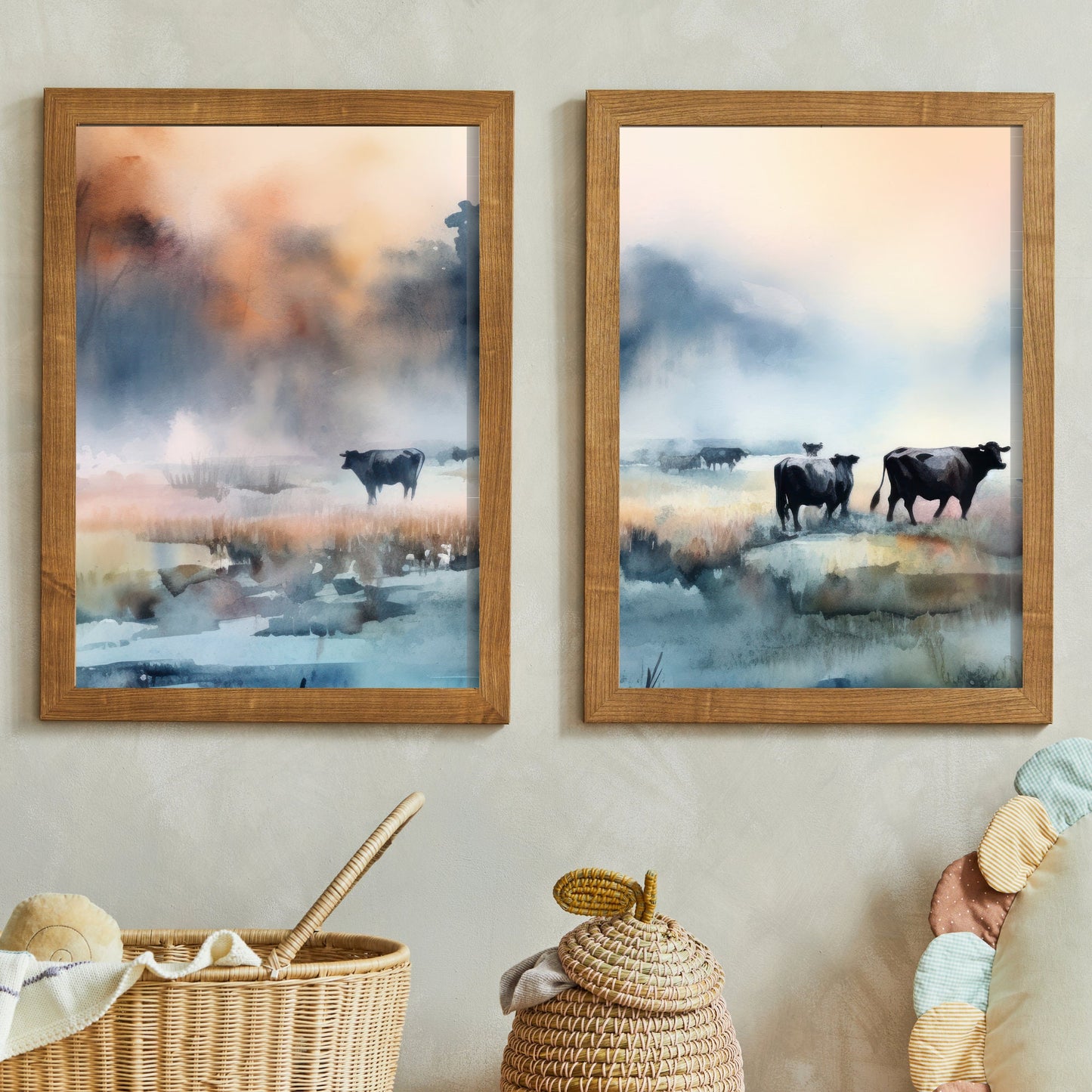 Cows Grazing at Sunset - Misty Landscape Watercolor Art, Set of Two, Digital Printable, Exquisite Countryside Charm and Farm Animal Wall Art