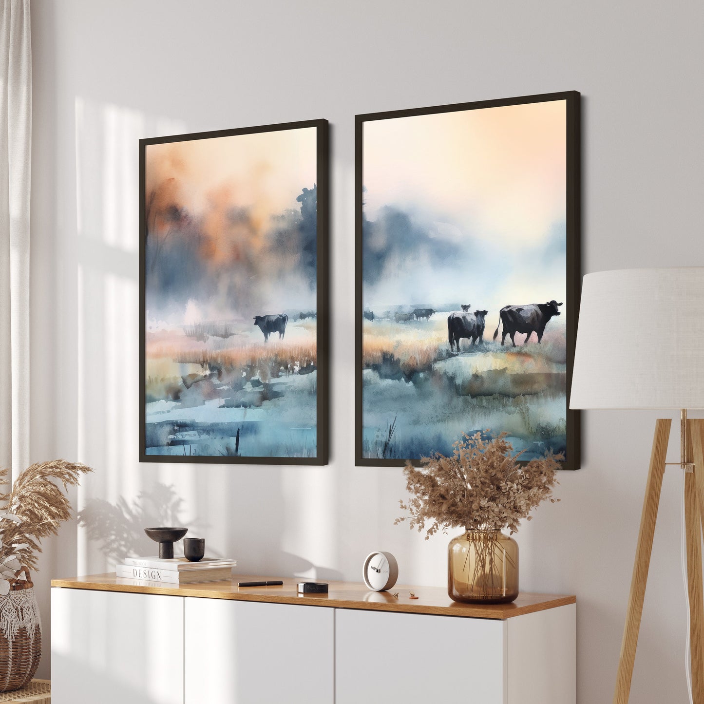 Cows Grazing at Sunset - Misty Landscape Watercolor Art, Set of Two, Digital Printable, Exquisite Countryside Charm and Farm Animal Wall Art