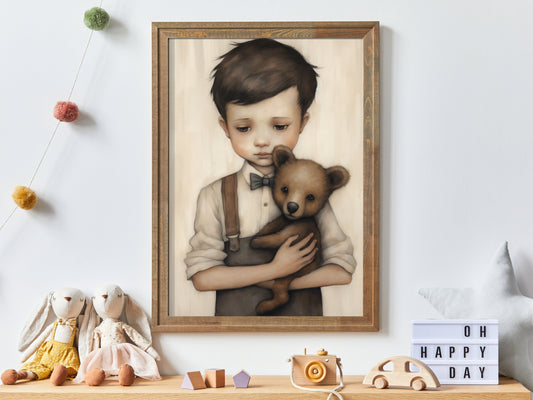 Boy's Room Decor, Boys Nursery Wall Art, Unique Vintage Nursery Print, Boy & Teddy Bear, Digital Printable Art, Cute Kids' Room Art