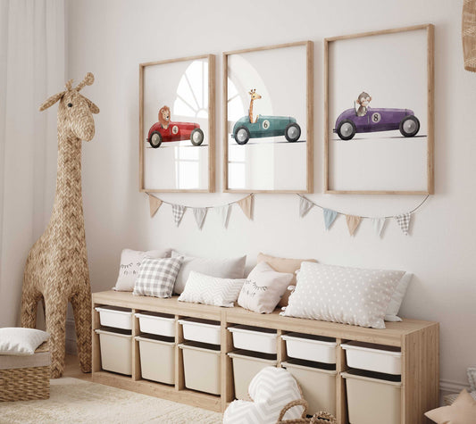 Safari Baby Animal Nursery Wall Art, Boys Bedroom Decor, Lion Giraffe and Monkey Driving Vintage Racing Cars, Digital Printable Art Set of 3