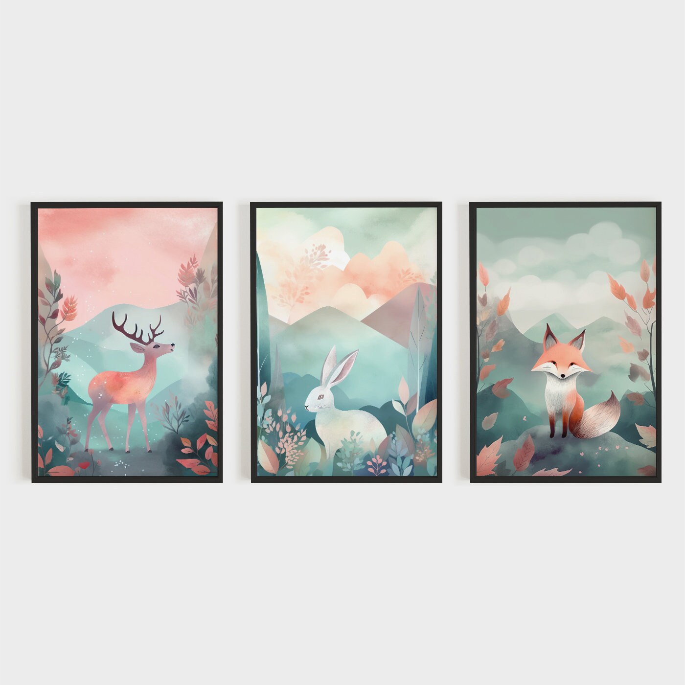 Wonderland Nursery Wall Art Set - Deer, Rabbit & Red Fox Watercolor Paintings, Dreamlike Animal Prints, Digital Printable Art, Download