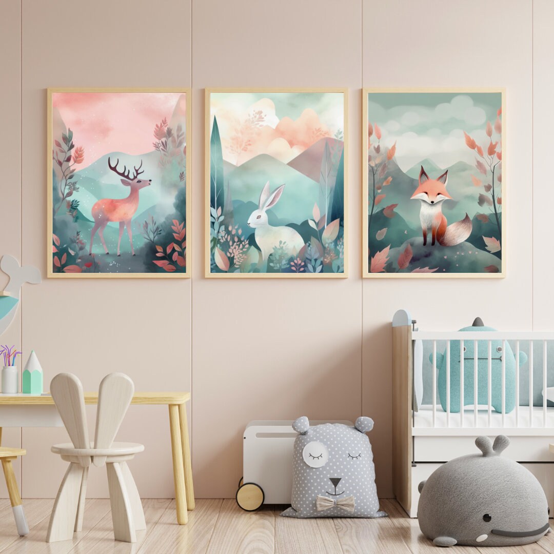 Wonderland Nursery Wall Art Set - Deer, Rabbit & Red Fox Watercolor Paintings, Dreamlike Animal Prints, Digital Printable Art, Download