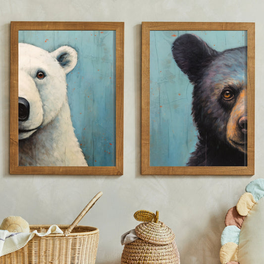 Bear Nursery Prints, Unique Vintage Wall Art for Kids, Polar & Brown Bear, Set of Two, Cool Kids or Boys Room Decor, Digital Printable Art