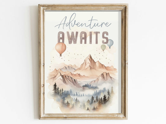 Adventure Awaits Print, Hiking and Camping Quote Nursery or Kids Room Art, Inspirational Saying, Vintage Watercolor Decor,PRINTABLE Wall Art