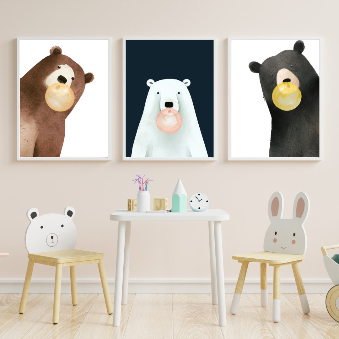 Bear Bubbles, Animals Bubblegum, Animals Blowing Bubbles, Funny Bear Nursery Decor, Brown, Black, and Polar Bear Peek-a-Boo, Printable