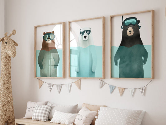 Dive In! - Bear Nursery Wall Art Set, Snorkeling and Sunbathing Black, Brown, Polar Bears, Minimalist Watercolor, Printable Art, Set of 3