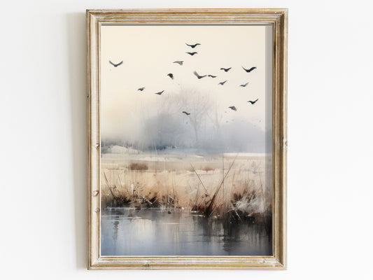 Watercolor Landscape Art, Birds Wall Decor, Abstract Nature Print, Field Art Print, Tranquil Living Room Decor,  Birds and Trees Digital Art