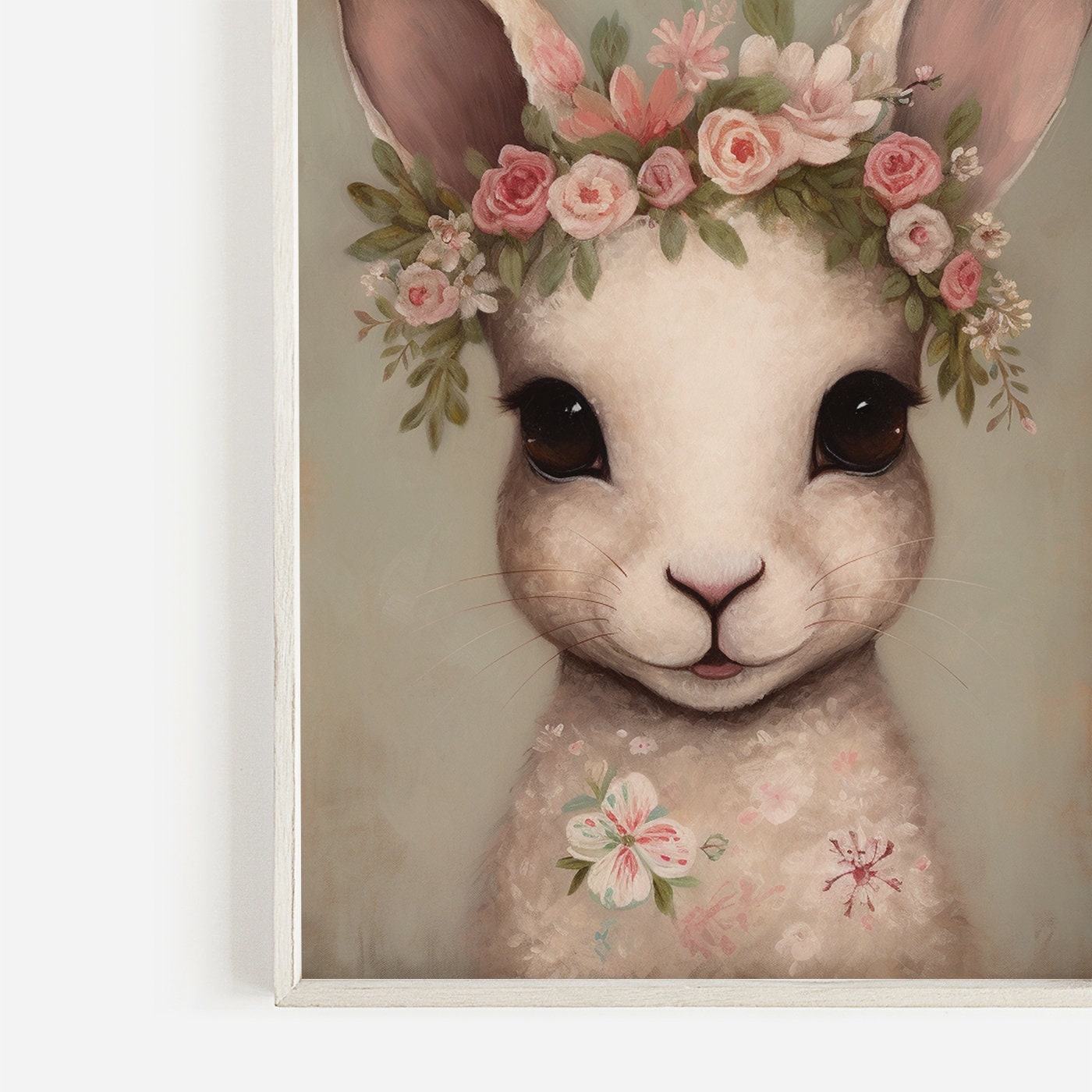 Vintage Bunny with Floral Crown, Nursery Animal Portrait, Rabbit Wearing Flower Wreath on its Head - Digital Printable Wall Art