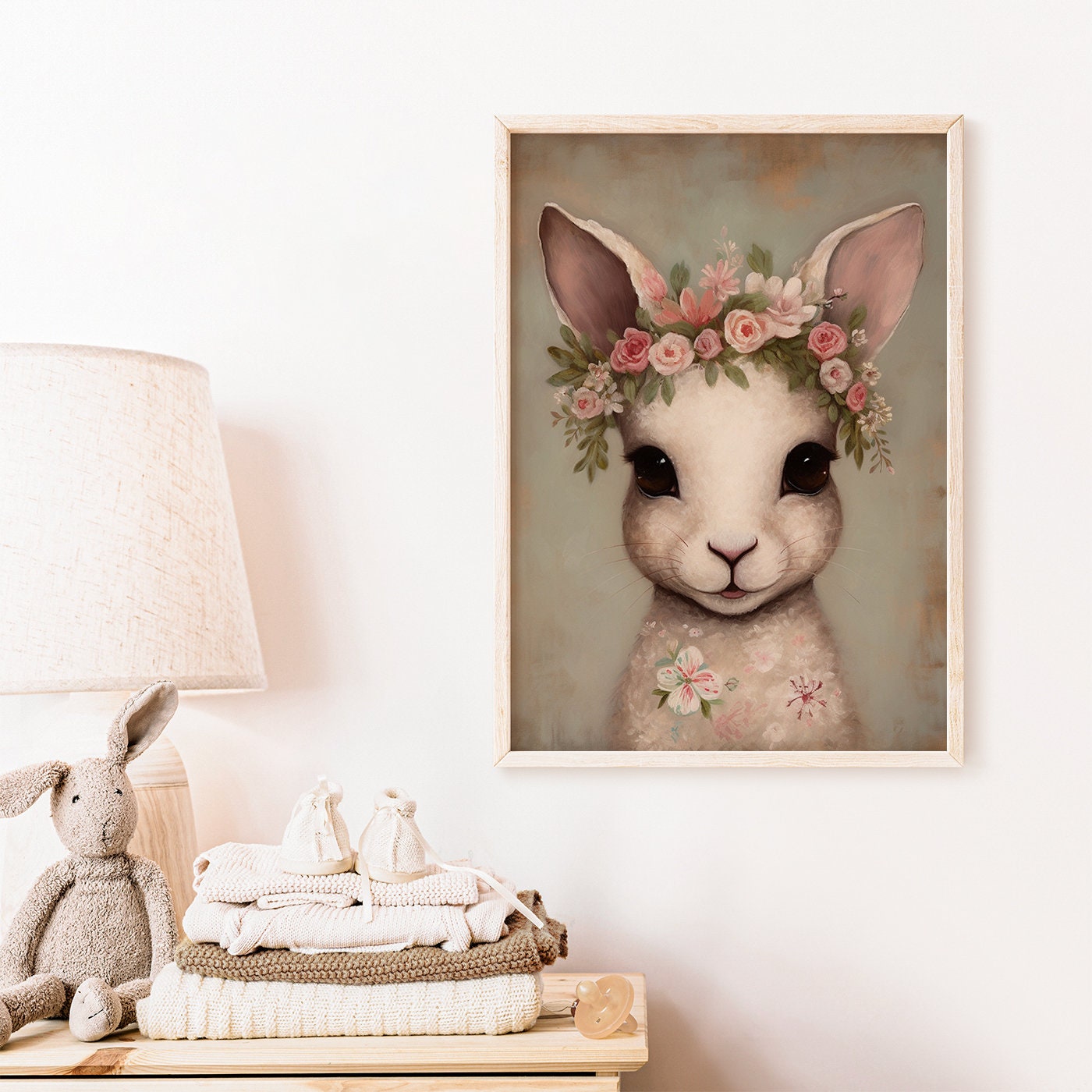 Vintage Bunny with Floral Crown, Nursery Animal Portrait, Rabbit Wearing Flower Wreath on its Head - Digital Printable Wall Art