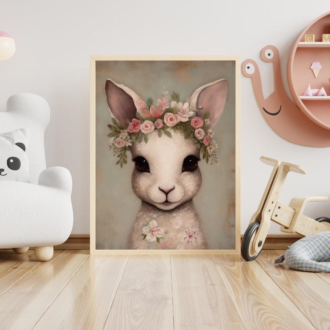 Vintage Bunny with Floral Crown, Nursery Animal Portrait, Rabbit Wearing Flower Wreath on its Head - Digital Printable Wall Art