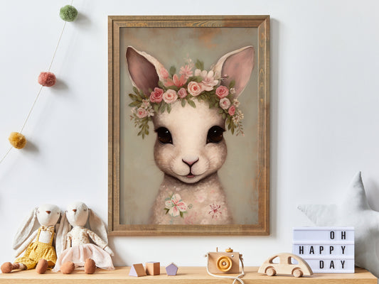 Vintage Bunny with Floral Crown, Nursery Animal Portrait, Rabbit Wearing Flower Wreath on its Head - Digital Printable Wall Art