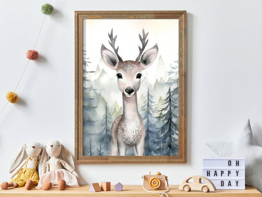 Cute Nursery Animal Decor, Deer in Forest Print, Watercolor Animal Art, Woodland & Forest Animal Art Print, Digital Printable Decor