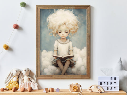 Vintage Reading-Themed Decor for Kids, Girl Reading a Book on a Cloud, Unique Learning & Studying-Themed Art, Digital Printable Art