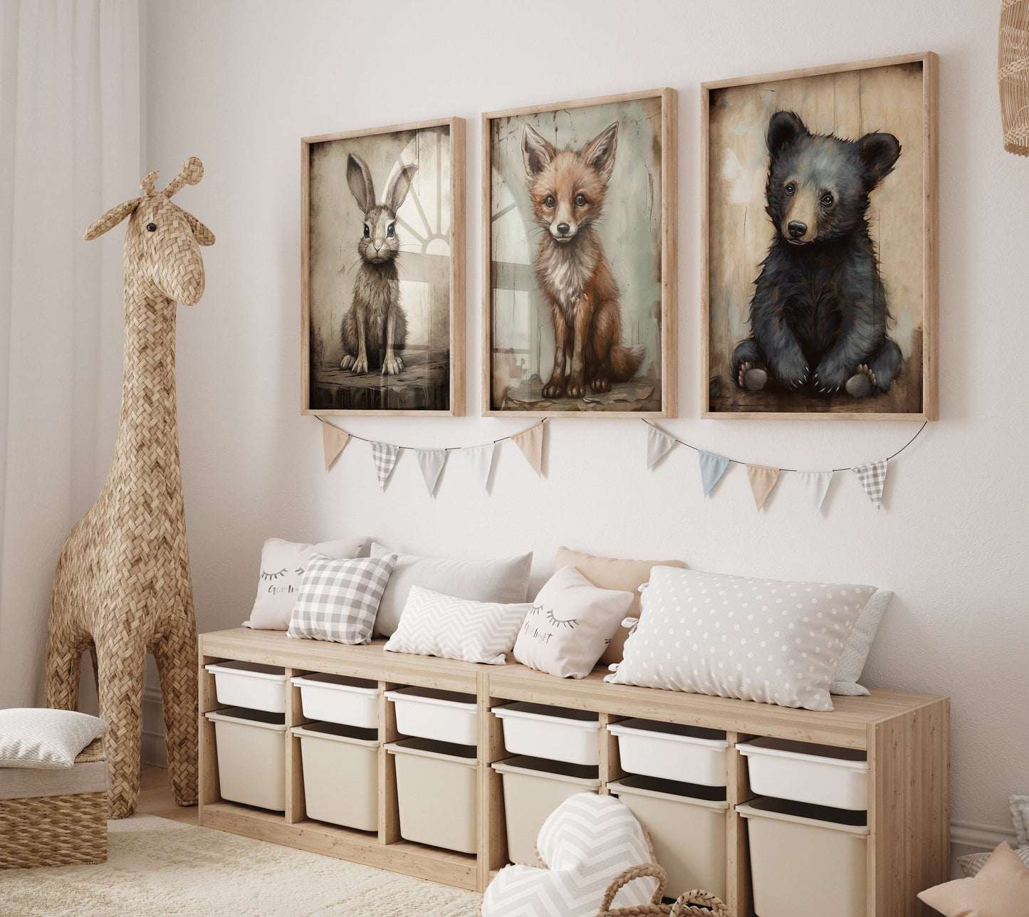 Rustic Nursery Decor, Unique Woodland Baby Animal Wall Art, Bear, Hare, and Fox, Set of 3, Printable Digital Art for Kids Room or Playroom