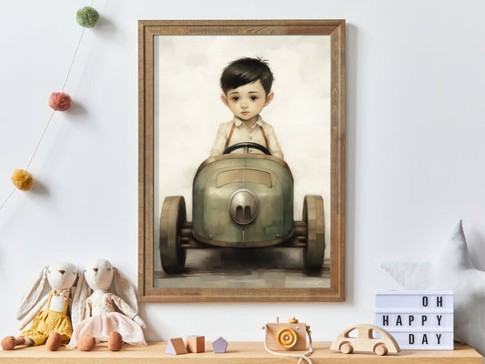 Vintage Boys Room Print, Digital Car Nursery Decor, Unique Vintage Wall Art, Little Boy Driving Racing Car, Printable Playroom Vehicle Art