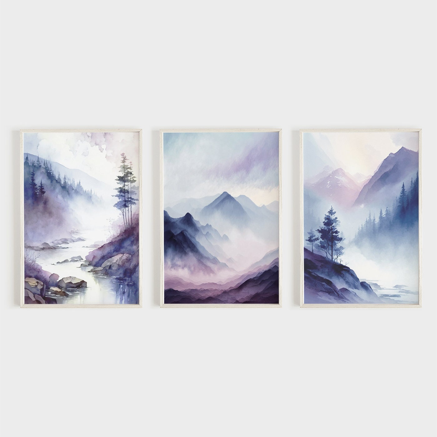 Misty Mountains Watercolor Landscape Prints, Nature Wall Art, Set of 3, River, Blue & Purple Art, Forest and Mountain Painting, Digital Art