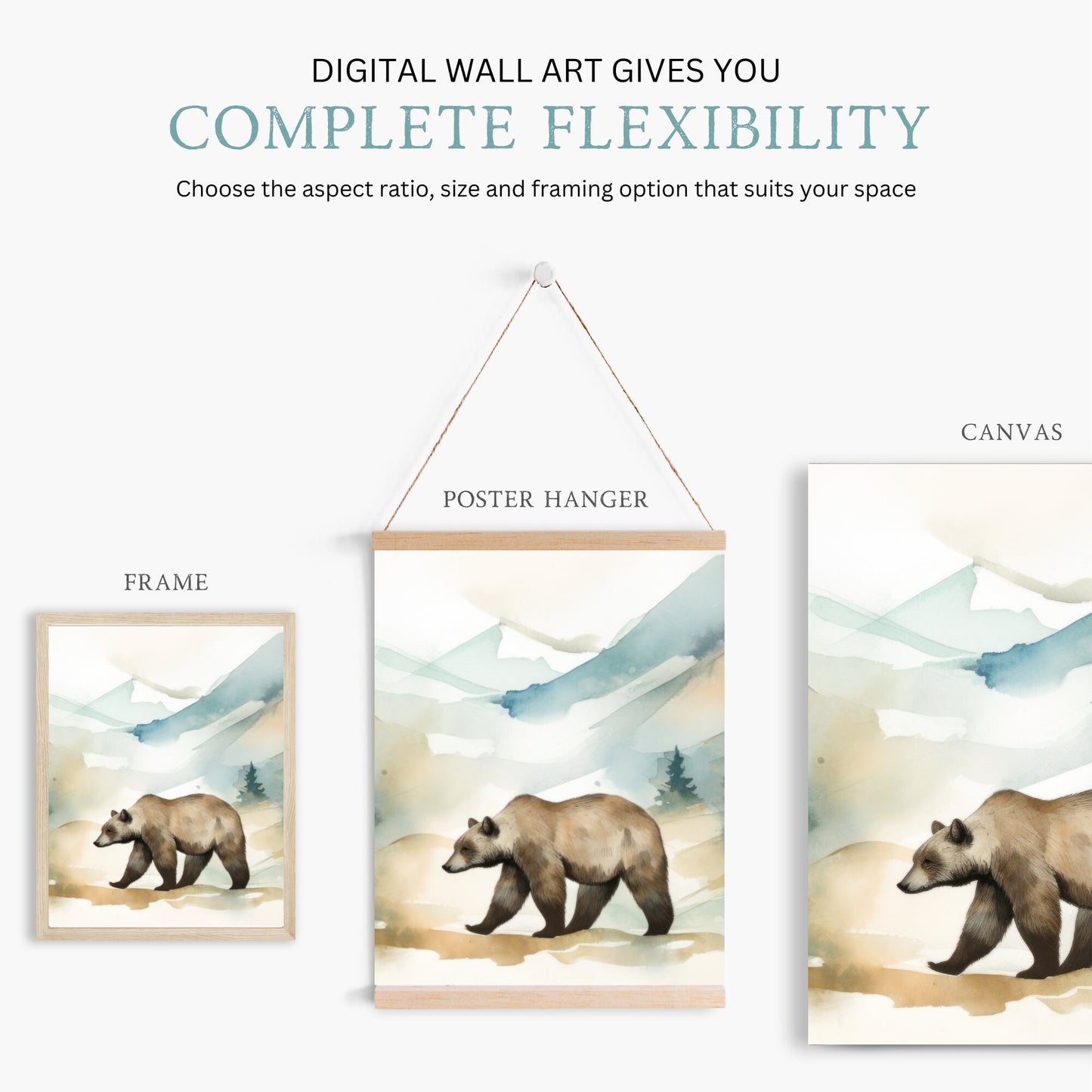 Brown Bear Wall Art, Forest & Mountain Landscape, Nursery Animal Wall Art, Set of 3, Watercolor Art, Digital Printable Decor