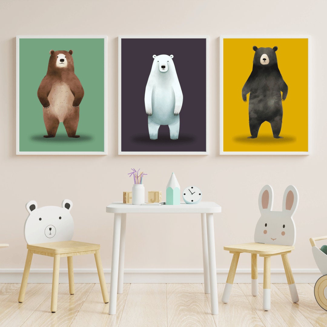 Bear Nursery Decor, DIGITAL Woodland Animal Prints, Set of Three, Colorful Nursery Wall Art, Whimsical Brown, Black and Polar Bear