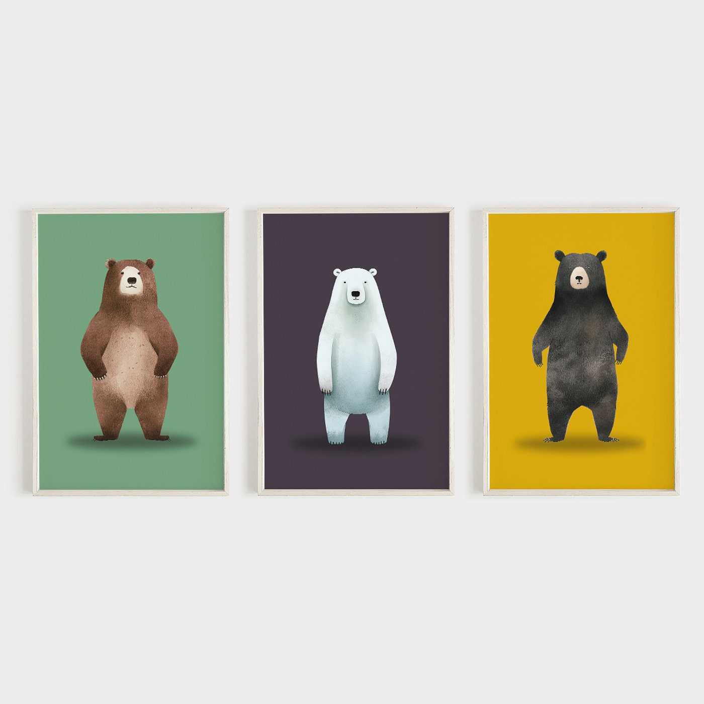 Bear Nursery Decor, DIGITAL Woodland Animal Prints, Set of Three, Colorful Nursery Wall Art, Whimsical Brown, Black and Polar Bear