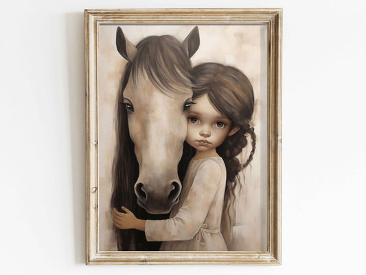 Vintage Horse Painting, Cute Horse Decor for Girl's Room, Girl with Horse, Girly Nursery Room or Bedroom Horse Print, Printable Horse Art