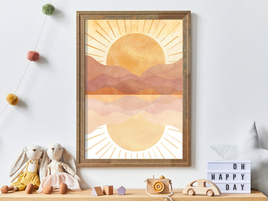 Boho Sun and Mountain Wall Art, Vintage Printable Decor, Celestial Lake and Mountain Wall Art