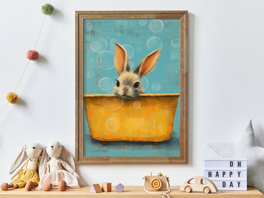 Vintage Rabbit Bath Tub Nursery Wall Art, Animals Bathing, Printable Kids Room Decor, Cute Animal in Bath Tub, Digital Download, Printable