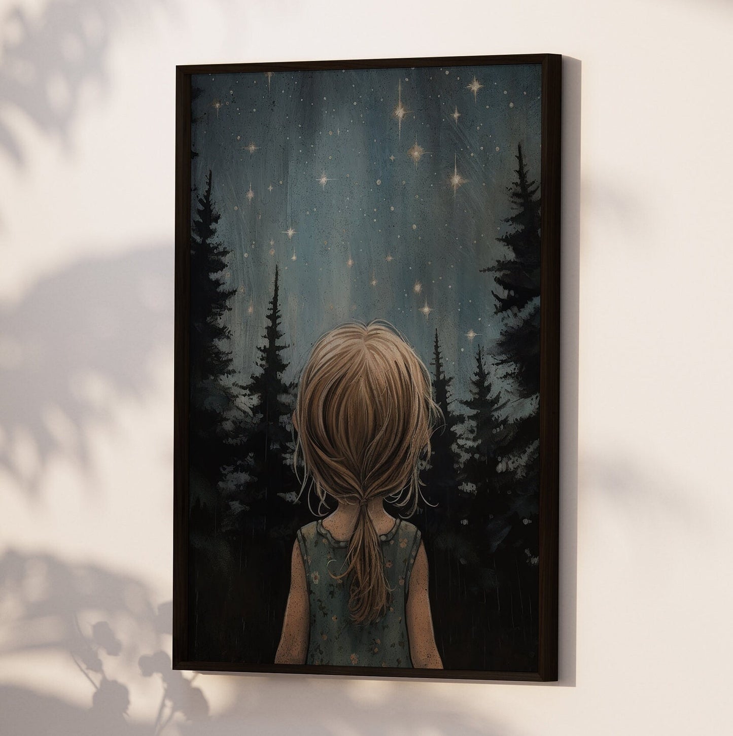 Stars & Moon Nursery Decor, Girls Room Wall Art, Moody Art for Kids, Forest Nursery Wall Decor, Stargazing Print, PRINTABLE Girl Wall Art