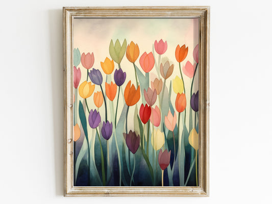 Vintage Floral Wall Art, Blooming Tulip Flowers, Flower Meadow, Digital Printable Decor