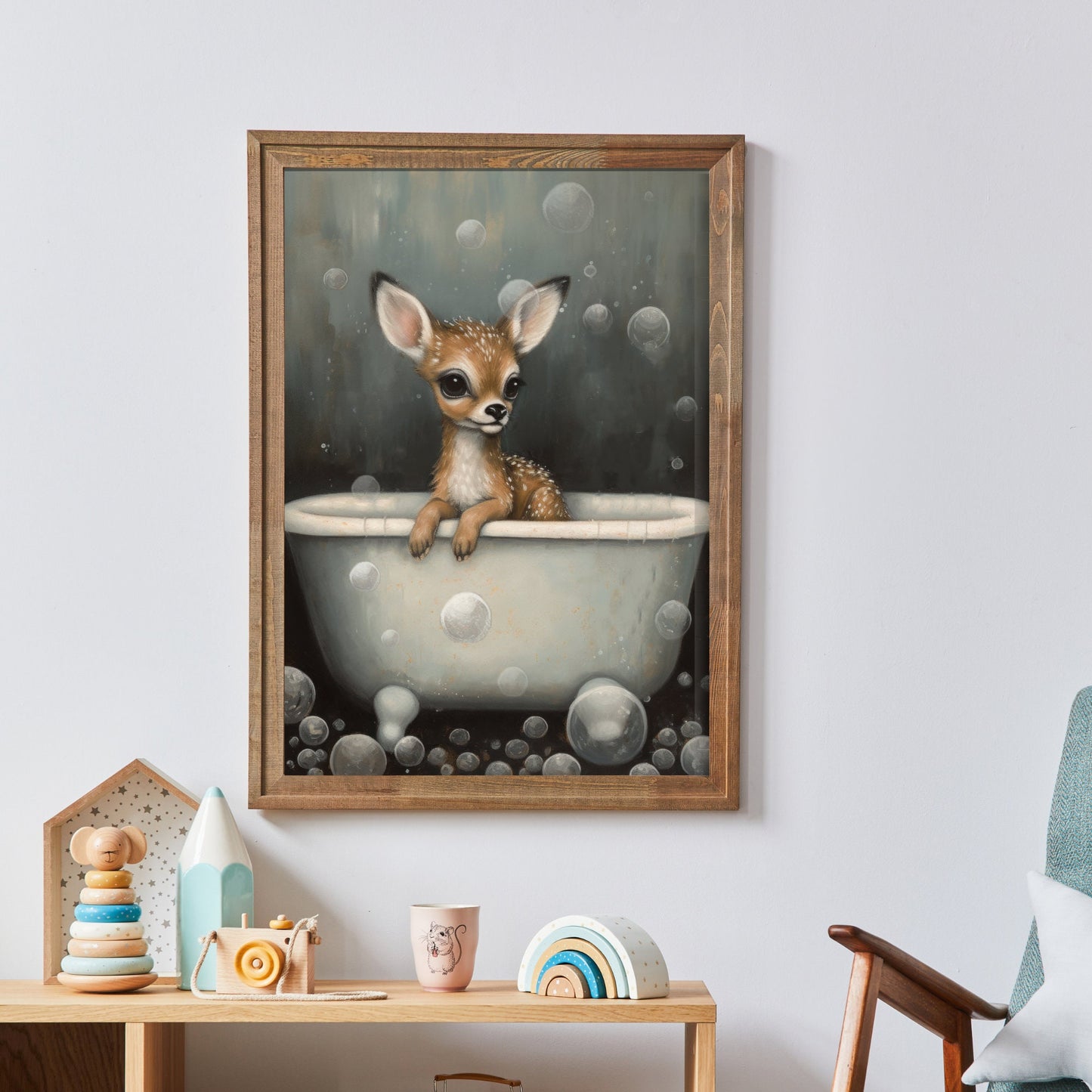 Vintage Nursery Art: Cute Baby Deer Fawn in Bath Tub, Printable Digital Wall Art for Nature and Animal-Loving Kids & Parents