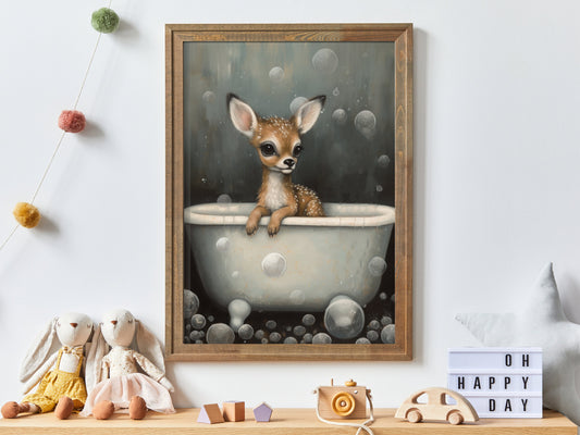 Vintage Nursery Art: Cute Baby Deer Fawn in Bath Tub, Printable Digital Wall Art for Nature and Animal-Loving Kids & Parents