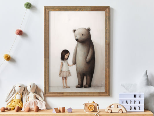 Vintage Nursery Wall Art, Cute Girl's Room Decor, Bear Nursery Print, Girl's Bedroom Art, Unique Woodland Animal Artwork for Kids